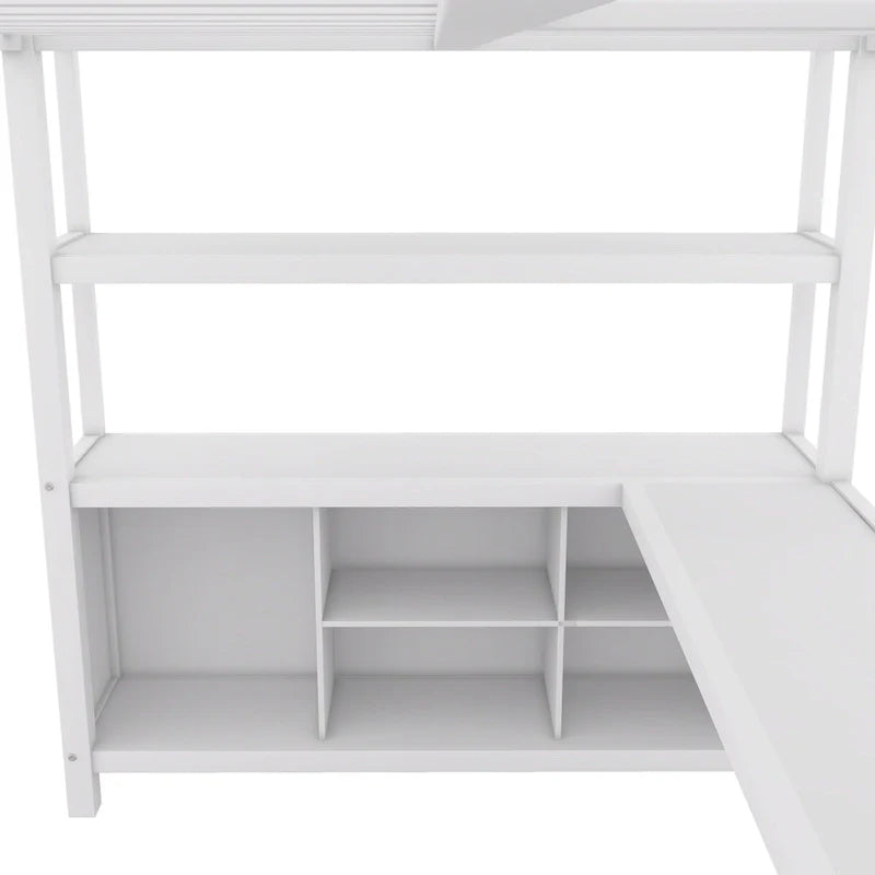 Cama alta de metal de tamaño completo con armario, escritorio en forma de L y almacenamiento
