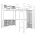 Cama alta de metal de tamaño completo con armario, escritorio en forma de L y almacenamiento