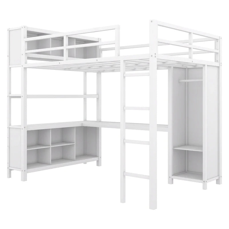 Cama alta de metal de tamaño completo con armario, escritorio en forma de L y almacenamiento