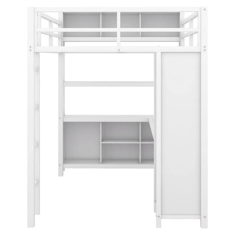 Cama alta de metal de tamaño completo con armario, escritorio en forma de L y almacenamiento