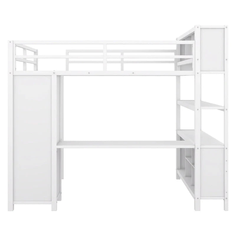 Cama alta de metal de tamaño completo con armario, escritorio en forma de L y almacenamiento