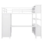Cama alta de metal de tamaño completo con armario, escritorio en forma de L y almacenamiento