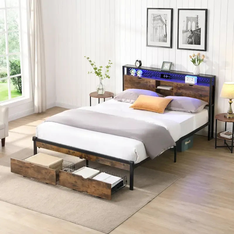 Base de cama metálica tamaño King con cabecera de madera y luces LED