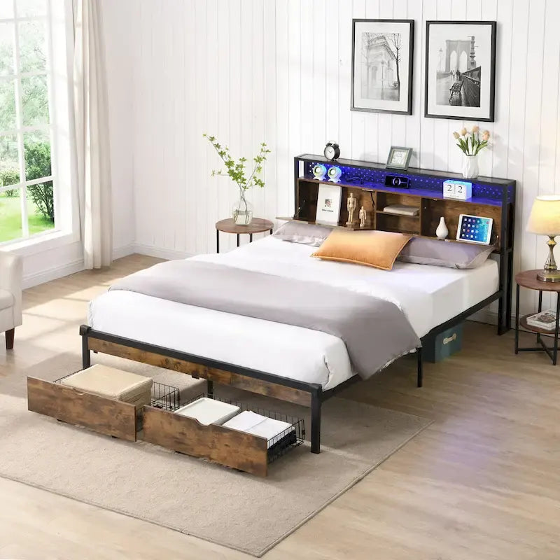 Base de cama metálica tamaño King con cabecera de madera y luces LED