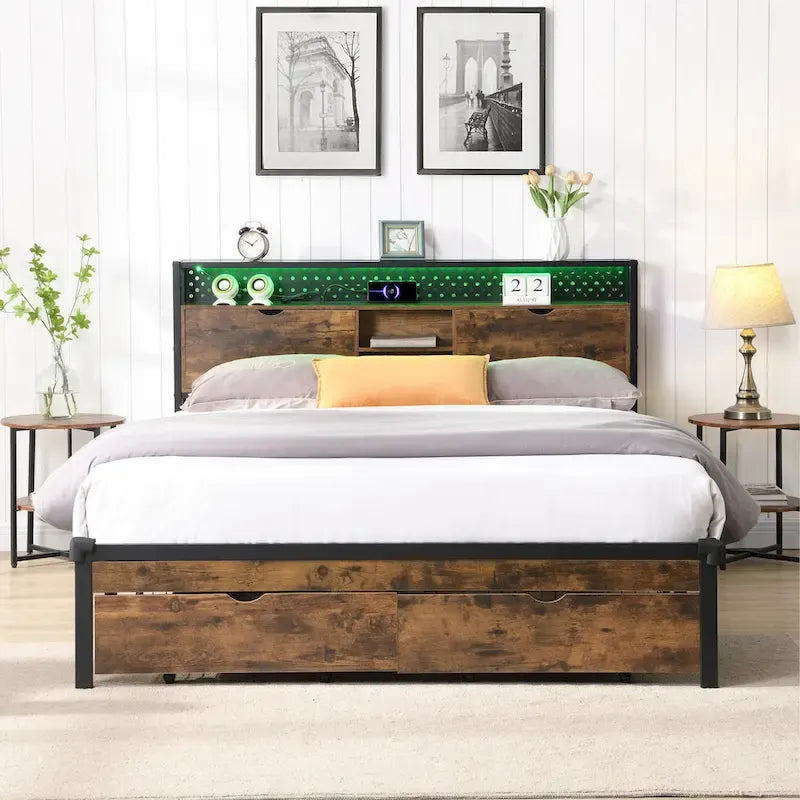 Base de cama metálica tamaño King con cabecera de madera y luces LED