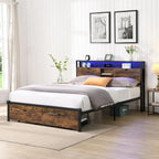 Base de cama metálica tamaño King con cabecera de madera y luces LED