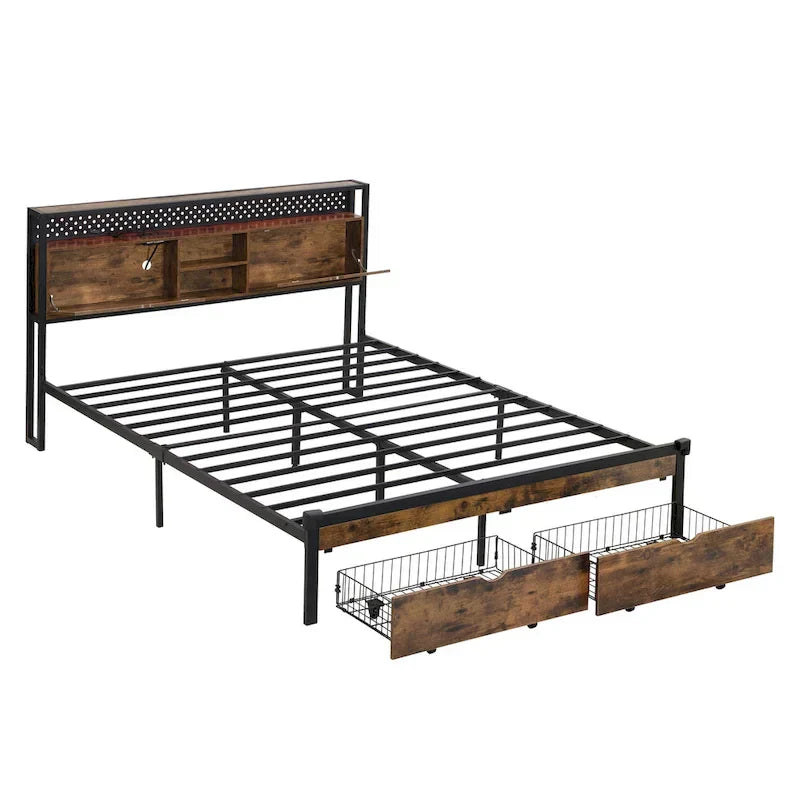 Base de cama metálica tamaño King con cabecera de madera y luces LED