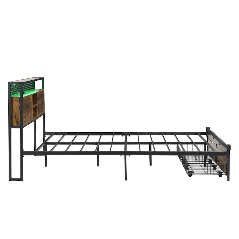 Base de cama metálica tamaño King con cabecera de madera y luces LED