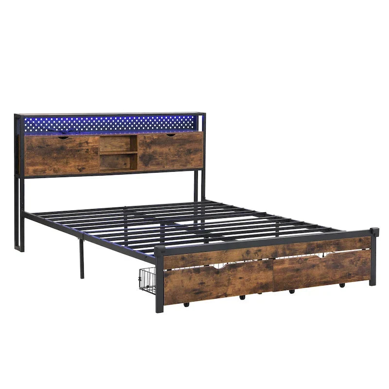 Base de cama metálica tamaño King con cabecera de madera y luces LED