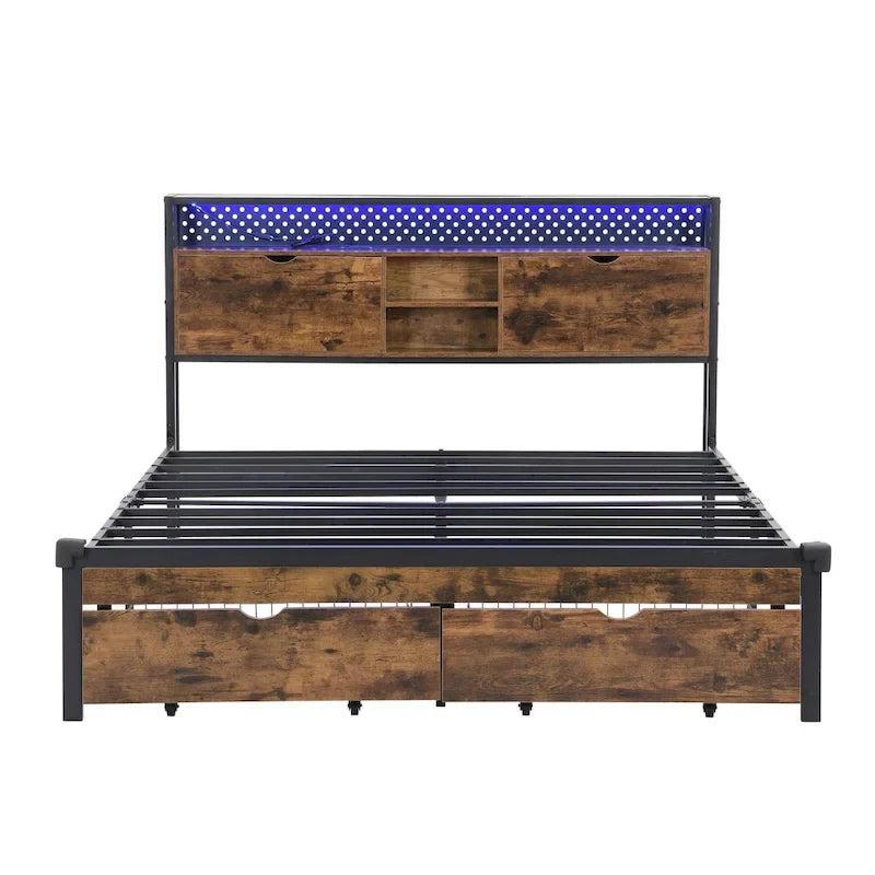 Base de cama metálica tamaño King con cabecera de madera y luces LED