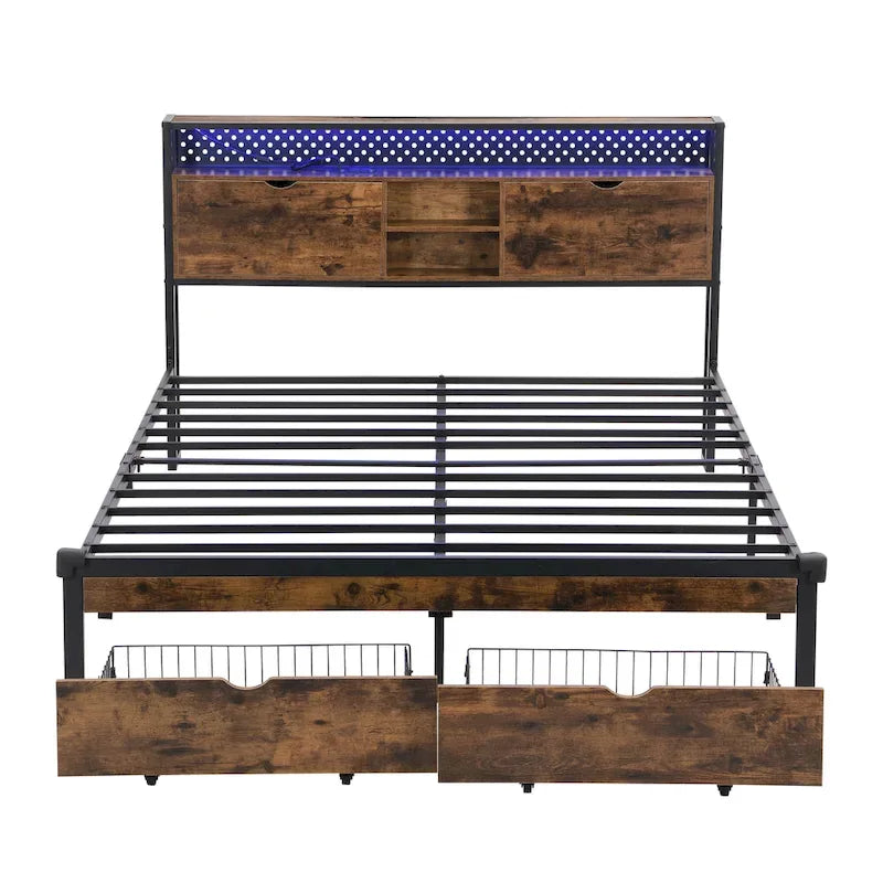 Base de cama metálica tamaño King con cabecera de madera y luces LED