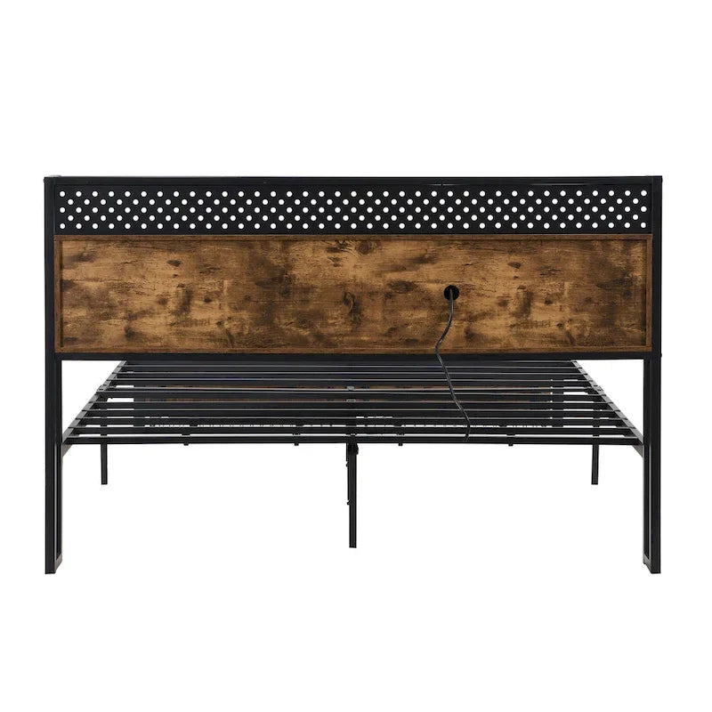 Base de cama metálica tamaño King con cabecera de madera y luces LED