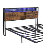 Base de cama metálica tamaño King con cabecera de madera y luces LED