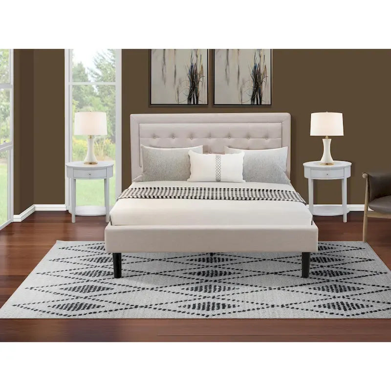 Cama de plataforma - Cabecero de tela de lino tapizado con ribete capitoné de botones - Patas negras