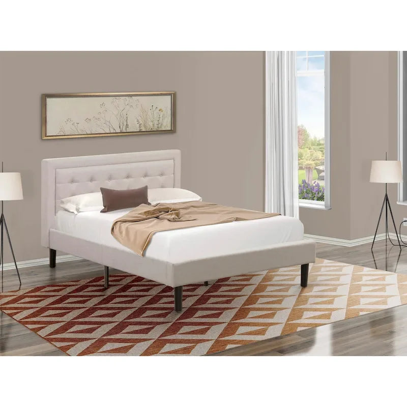 Cama de plataforma - Cabecero de tela de lino tapizado con ribete capitoné de botones - Patas negras