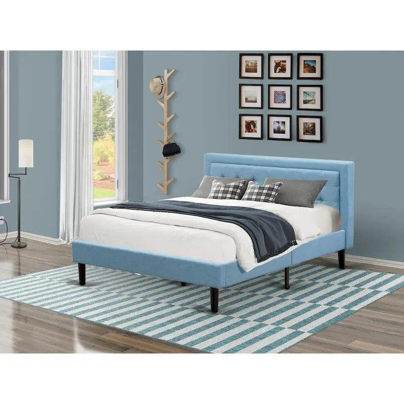 Cama de plataforma - Cabecero de tela de lino tapizado con ribete capitoné de botones - Patas negras
