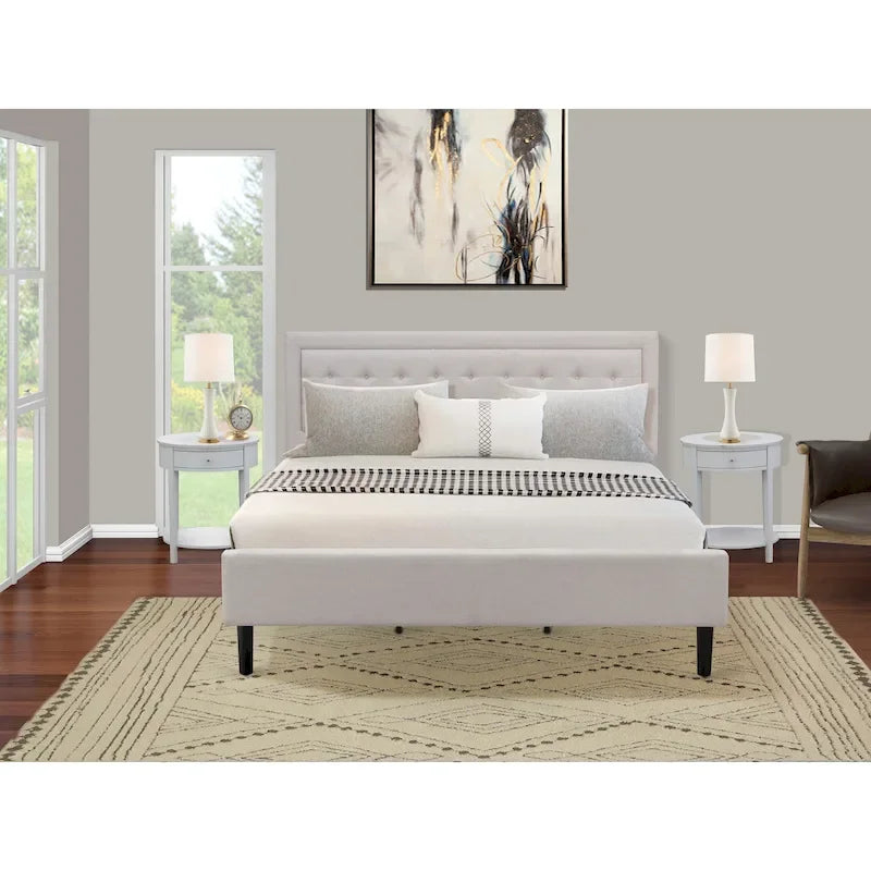 Cama de plataforma - Cabecero de tela de lino tapizado con ribete capitoné de botones - Patas negras