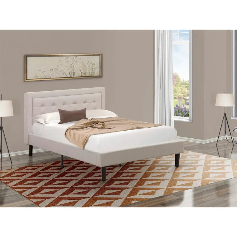Cama de plataforma - Cabecero de tela de lino tapizado con ribete capitoné de botones - Patas negras