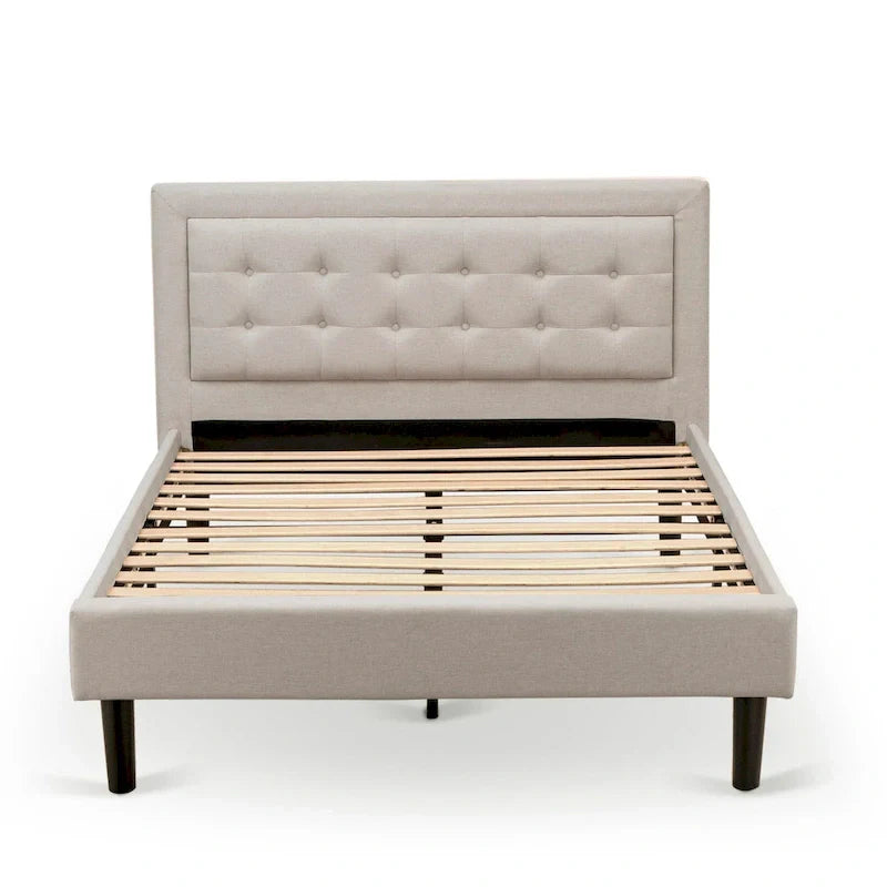 Cama de plataforma - Cabecero de tela de lino tapizado con ribete capitoné de botones - Patas negras