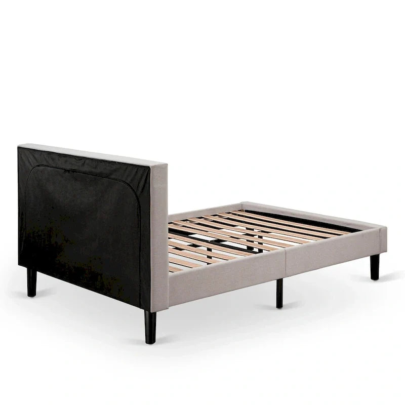 Cama de plataforma - Cabecero de tela de lino tapizado con ribete capitoné de botones - Patas negras
