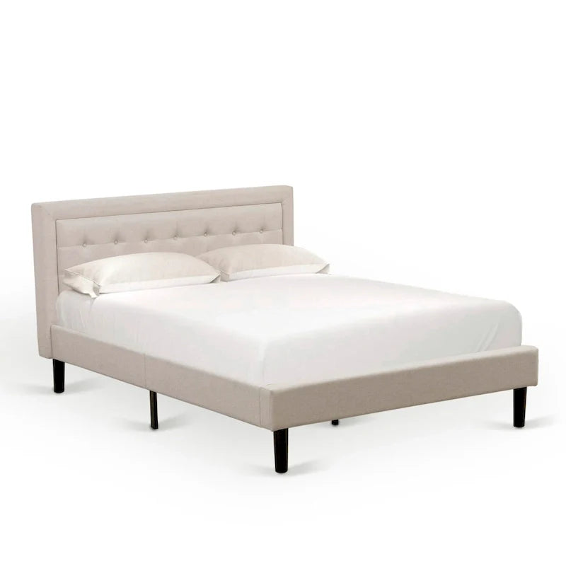 Cama de plataforma - Cabecero de tela de lino tapizado con ribete capitoné de botones - Patas negras