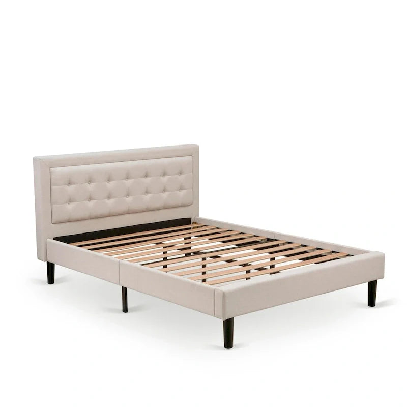 Cama de plataforma - Cabecero de tela de lino tapizado con ribete capitoné de botones - Patas negras