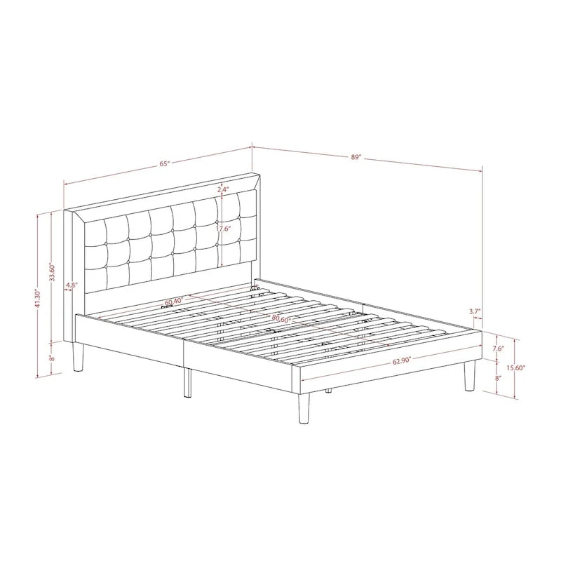 Cama de plataforma - Cabecero de tela de lino tapizado con ribete capitoné de botones - Patas negras