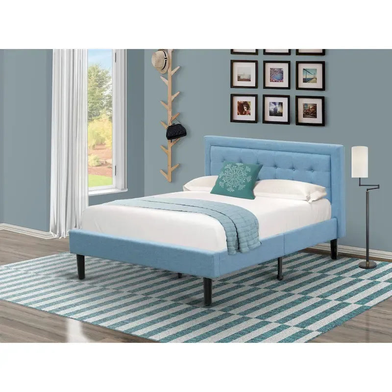Cama de plataforma - Cabecero de tela de lino tapizado con ribete capitoné de botones - Patas negras