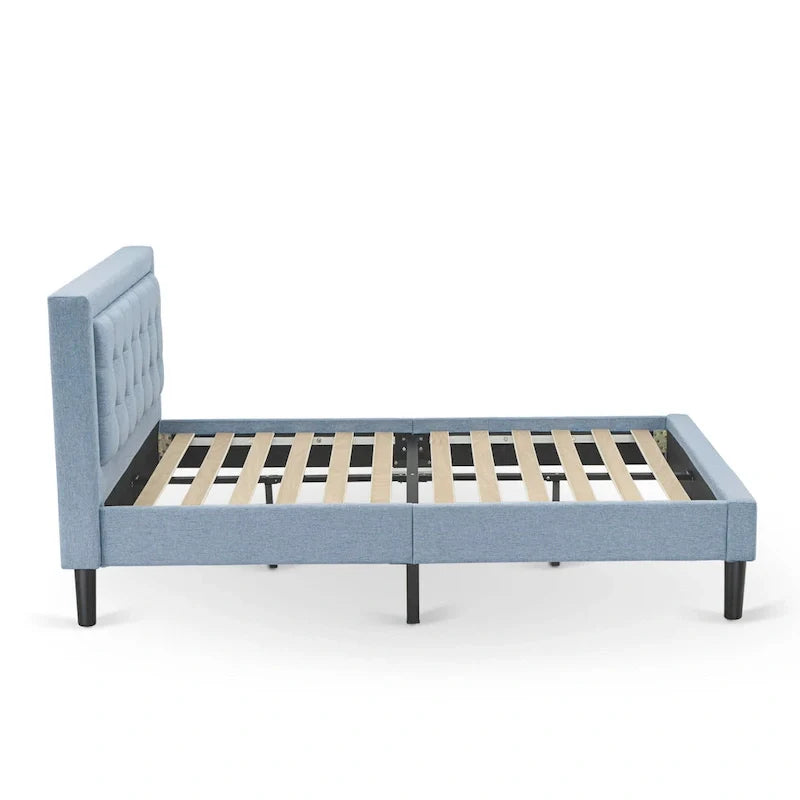 Cama de plataforma - Cabecero de tela de lino tapizado con ribete capitoné de botones - Patas negras