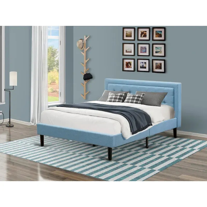 Cama de plataforma - Cabecero de tela de lino tapizado con ribete capitoné de botones - Patas negras