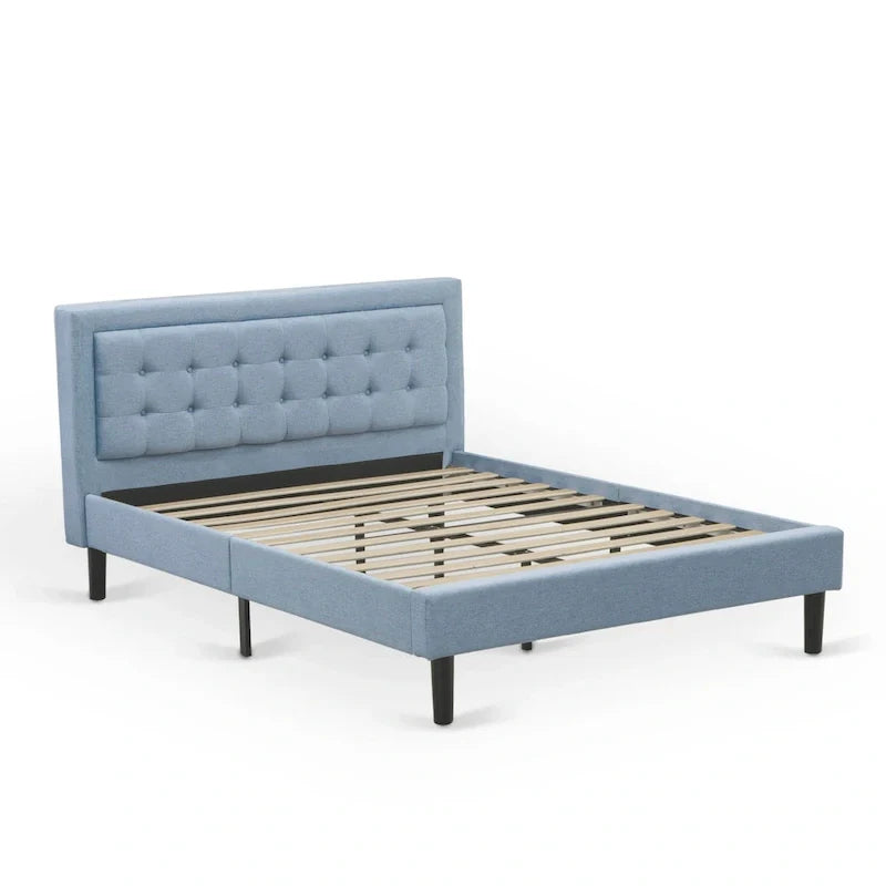 Cama de plataforma - Cabecero de tela de lino tapizado con ribete capitoné de botones - Patas negras
