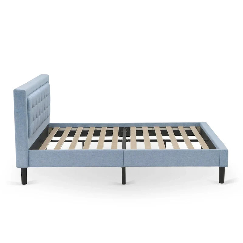 Cama de plataforma - Cabecero de tela de lino tapizado con ribete capitoné de botones - Patas negras