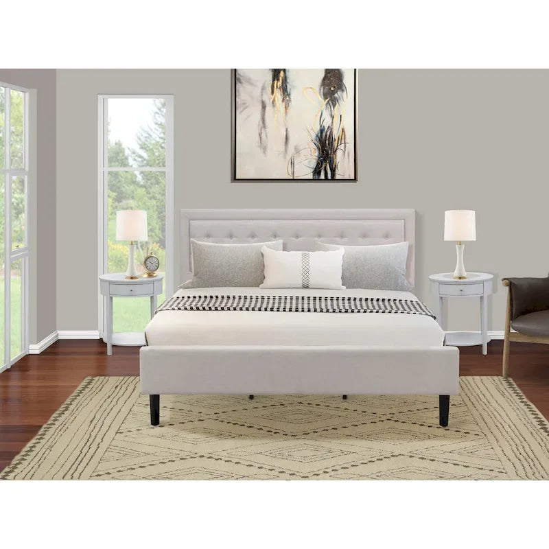 Cama de plataforma - Cabecero de tela de lino tapizado con ribete capitoné de botones - Patas negras
