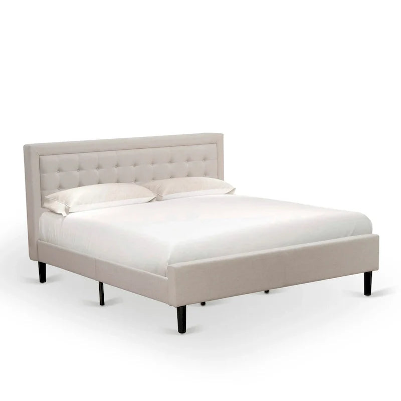 Cama de plataforma - Cabecero de tela de lino tapizado con ribete capitoné de botones - Patas negras
