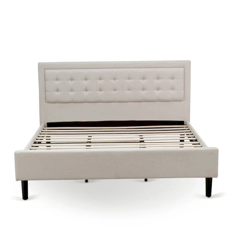 Cama de plataforma - Cabecero de tela de lino tapizado con ribete capitoné de botones - Patas negras