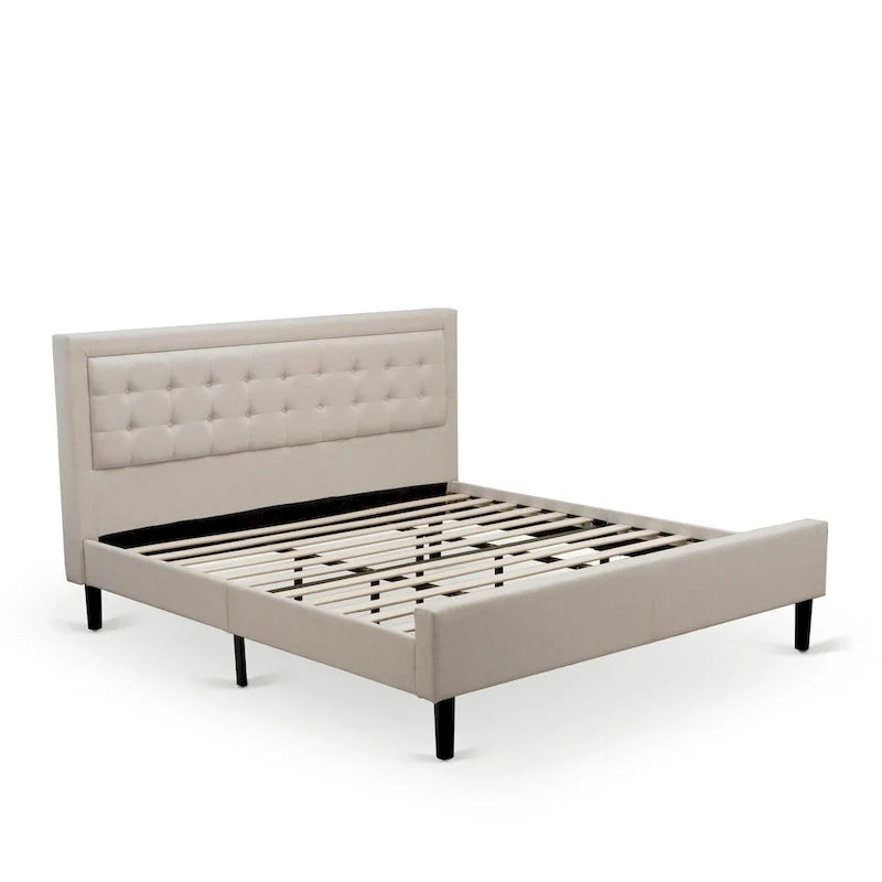Cama de plataforma - Cabecero de tela de lino tapizado con ribete capitoné de botones - Patas negras