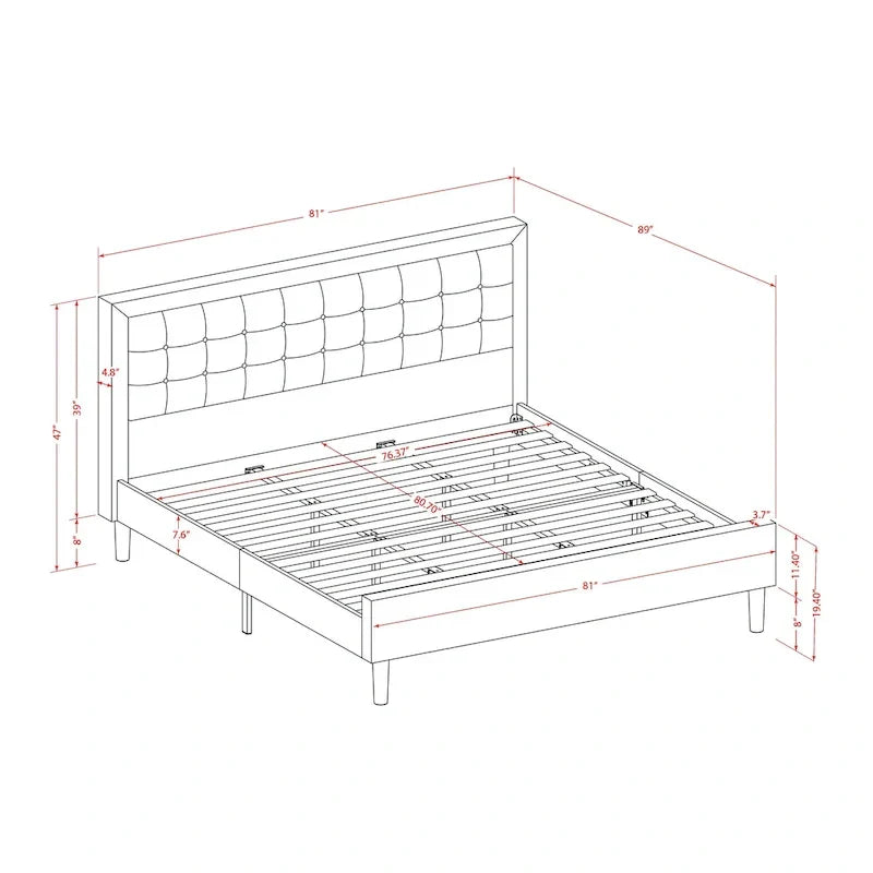 Cama de plataforma - Cabecero de tela de lino tapizado con ribete capitoné de botones - Patas negras