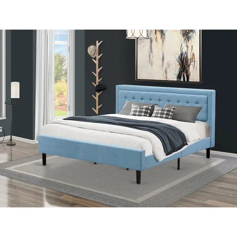 Cama de plataforma - Cabecero de tela de lino tapizado con ribete capitoné de botones - Patas negras
