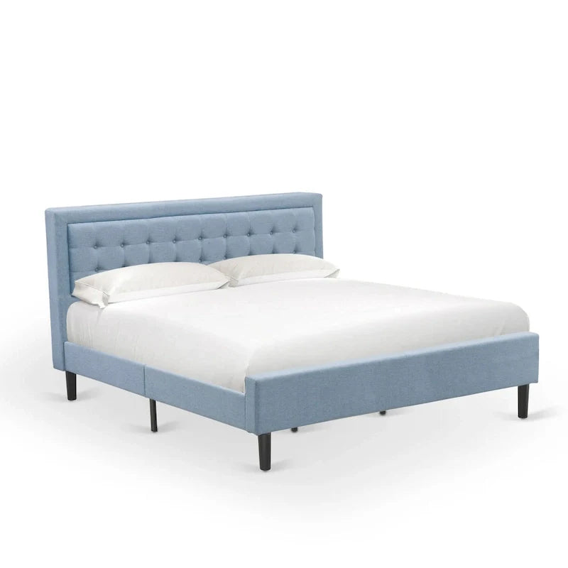 Cama de plataforma - Cabecero de tela de lino tapizado con ribete capitoné de botones - Patas negras