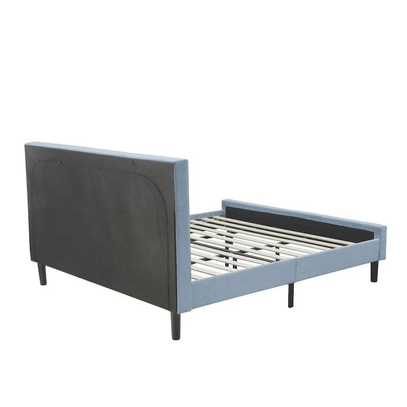 Cama de plataforma - Cabecero de tela de lino tapizado con ribete capitoné de botones - Patas negras