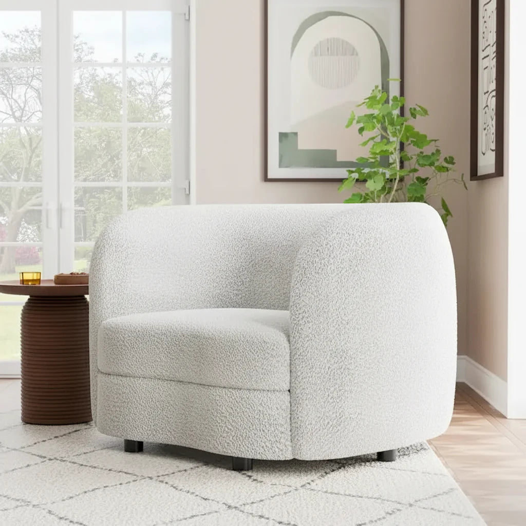 Sillón auxiliar de bucle con brazos curvos modernos, asiento estilo riñón y patas de madera redondas