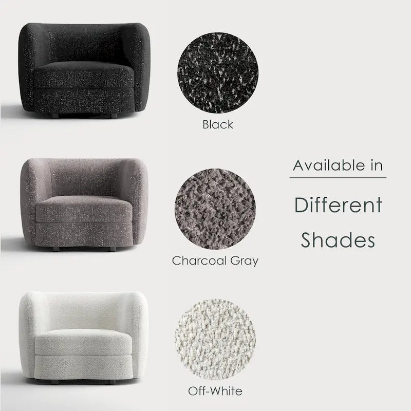 Sillón auxiliar de bucle con brazos curvos modernos, asiento estilo riñón y patas de madera redondas