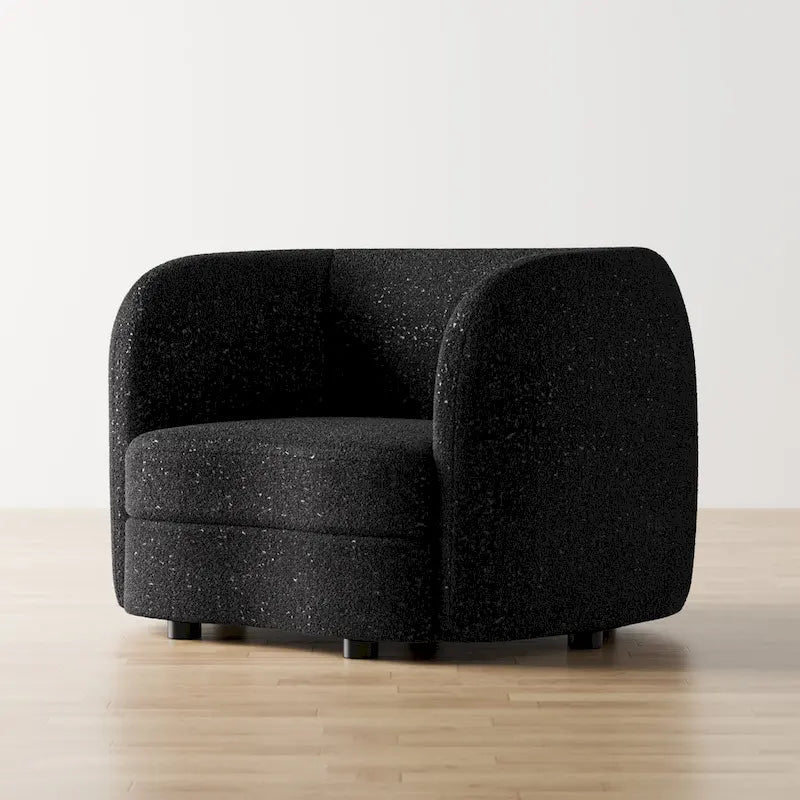 Sillón auxiliar de bucle con brazos curvos modernos, asiento estilo riñón y patas de madera redondas
