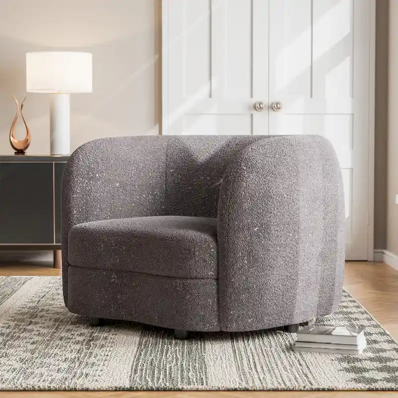 Sillón auxiliar de bucle con brazos curvos modernos, asiento estilo riñón y patas de madera redondas
