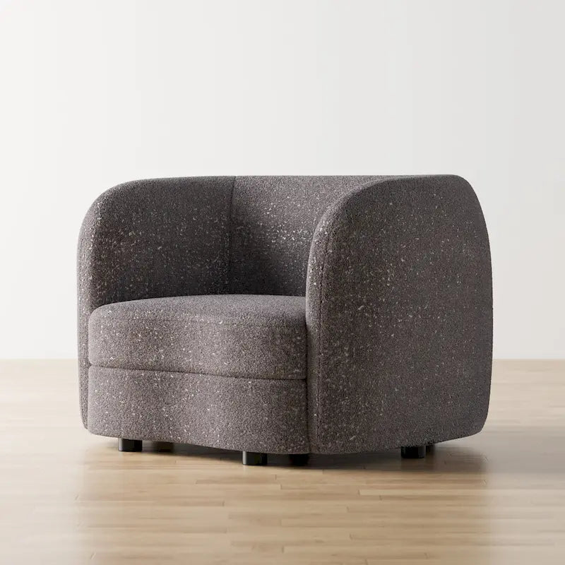 Sillón auxiliar de bucle con brazos curvos modernos, asiento estilo riñón y patas de madera redondas