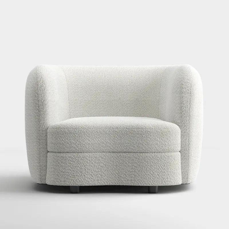 Sillón auxiliar de bucle con brazos curvos modernos, asiento estilo riñón y patas de madera redondas