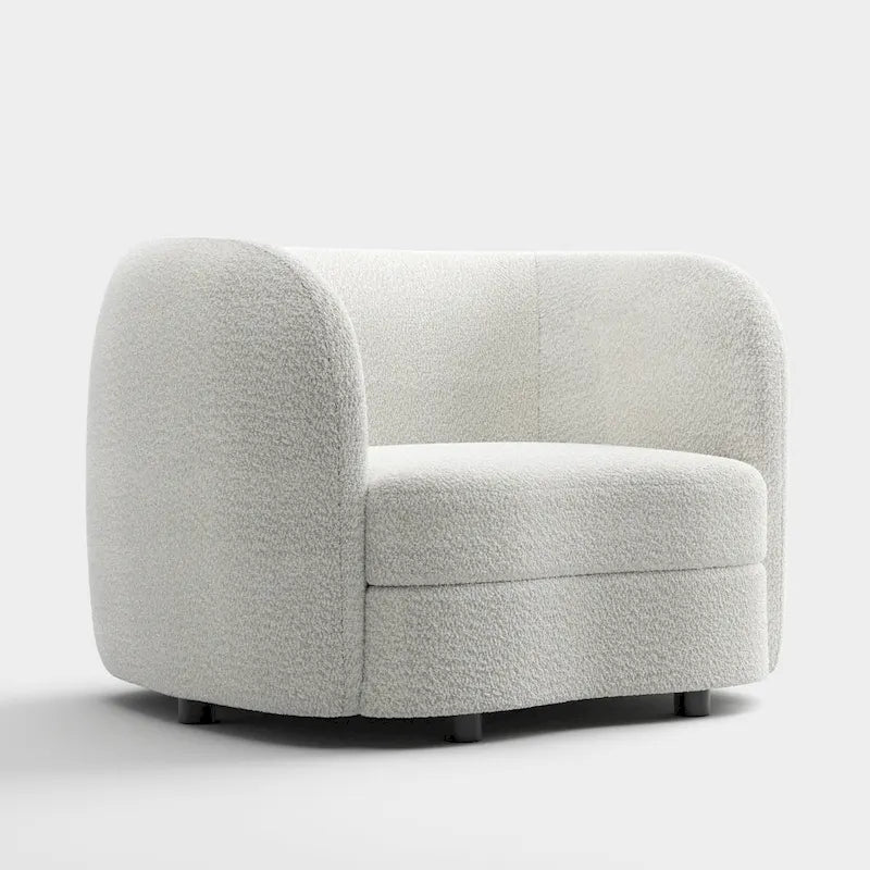 Sillón auxiliar de bucle con brazos curvos modernos, asiento estilo riñón y patas de madera redondas