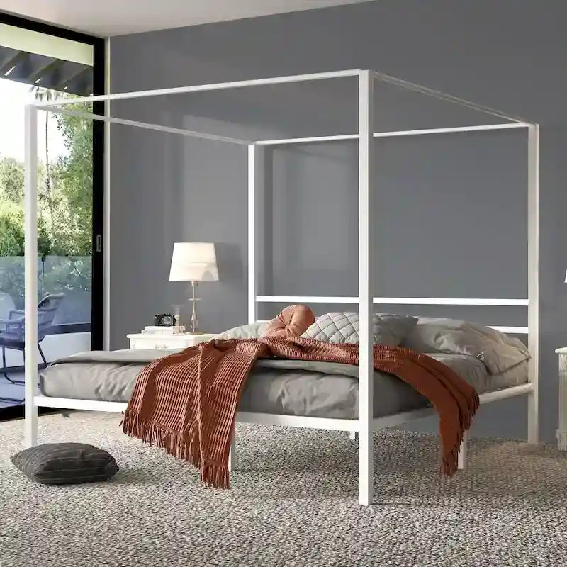 Estructura de cama plataforma King Size de metal blanco con dosel