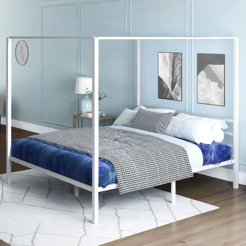 Estructura de cama plataforma King Size de metal blanco con dosel