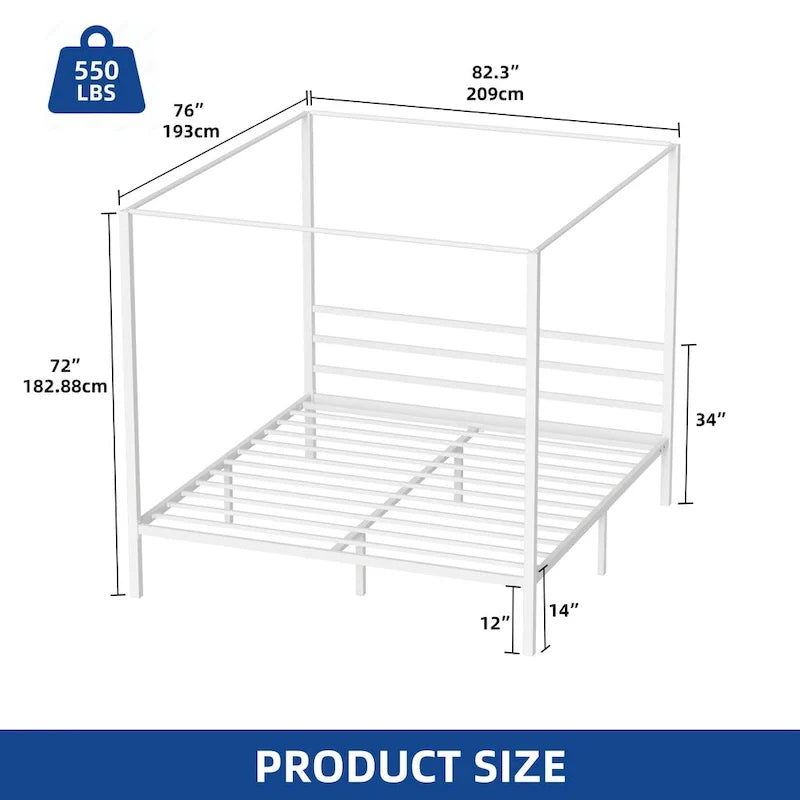 Estructura de cama plataforma King Size de metal blanco con dosel